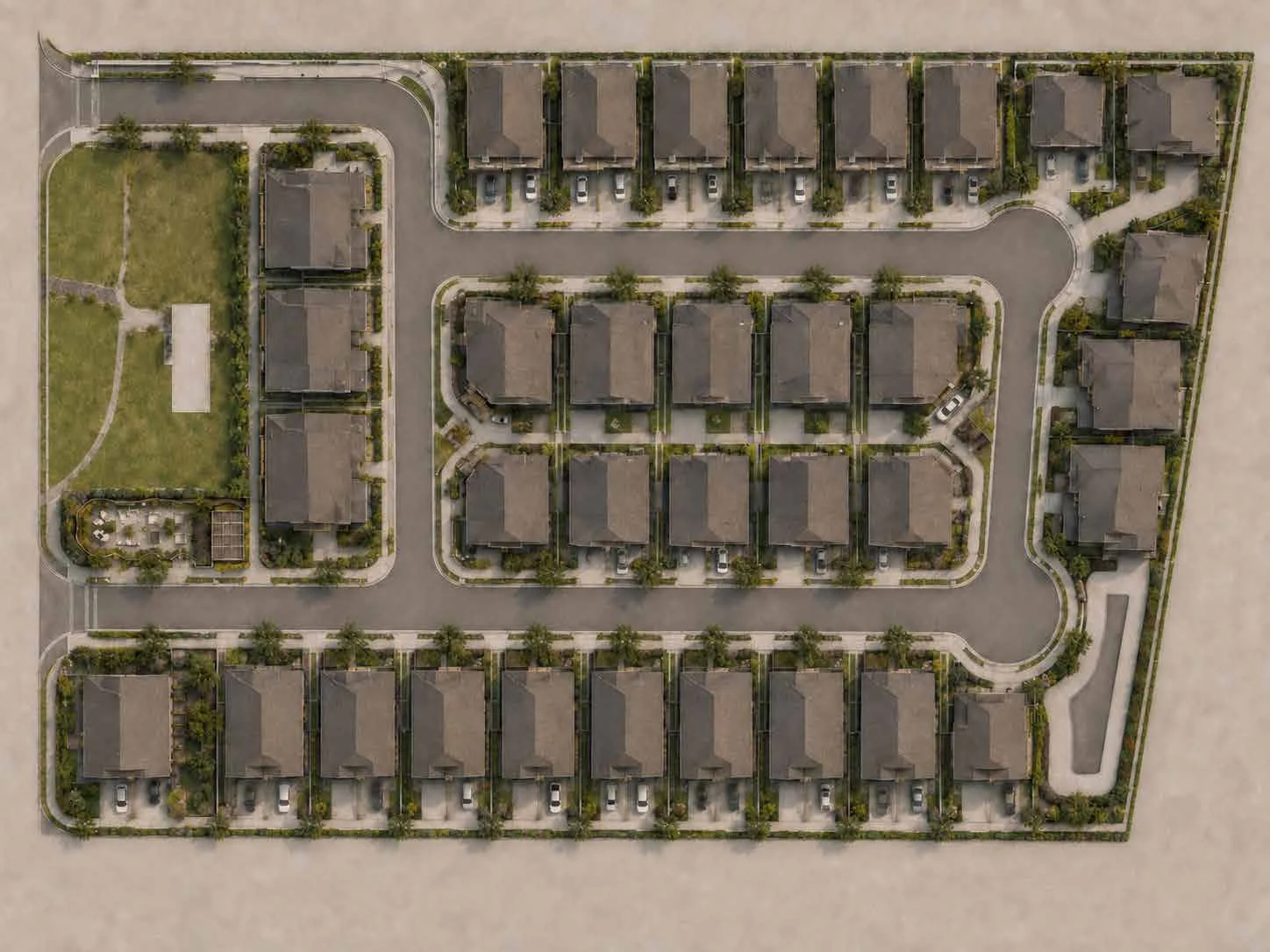 Master plan de Sunset Valley con distribución de unidades y áreas comunes